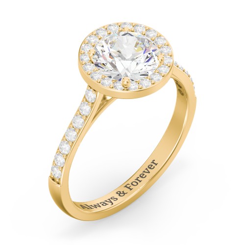 1.5 ct. (7.5mm) Moissanite Halo Engagement Ring with Side Stones – 10K Yellow Gold with Moissanite and Lab Diamond