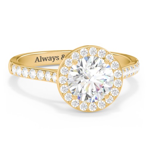 1.5 ct. (7.5mm) Moissanite Halo Engagement Ring with Side Stones – 10K Yellow Gold with Moissanite and Lab Diamond