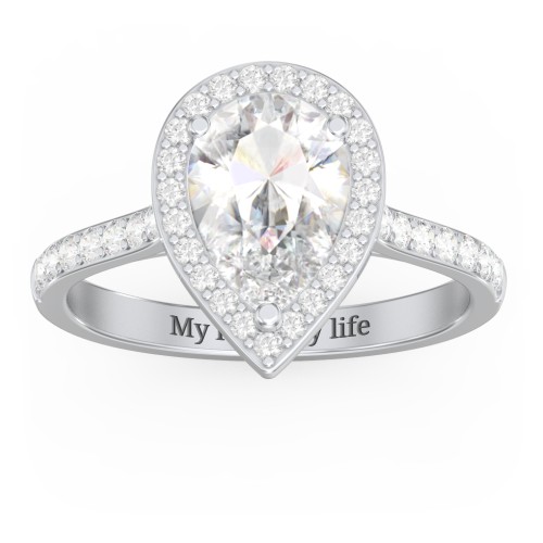 2 ct. (10x7mm) Pear Moissanite Halo Engagement Ring with Side Stones – 10K White Gold with Moissanite and Lab Diamond
