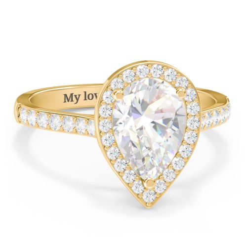 2 ct. (10x7mm) Pear Moissanite Halo Engagement Ring with Side Stones – 10K Yellow Gold with Moissanite and Lab Diamond