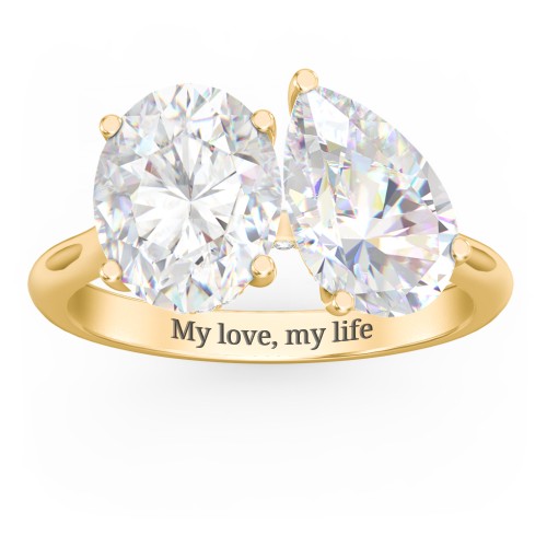 Toi et Moi Oval and Pear Moissanite Engagement Ring with Hidden Halos & Accents – 6 ctw. – 10K Yellow Gold with Moissanite and Lab Diamond