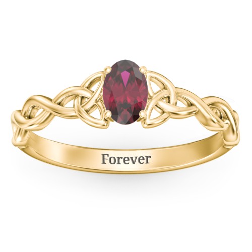 Oval Solitaire Celtic Trinity Knot Engagement Ring – 18K Gold Plated Silver with Ruby