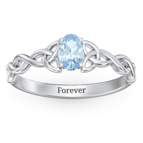 Oval Solitaire Celtic Trinity Knot Engagement Ring – Sterling Silver with Aquamarine