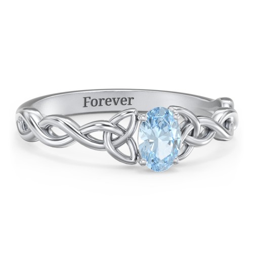 Oval Solitaire Celtic Trinity Knot Engagement Ring – Sterling Silver with Aquamarine