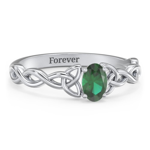 Oval Solitaire Celtic Trinity Knot Engagement Ring – Sterling Silver with Emerald