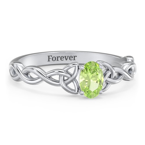 Oval Solitaire Celtic Trinity Knot Engagement Ring – Sterling Silver with Peridot