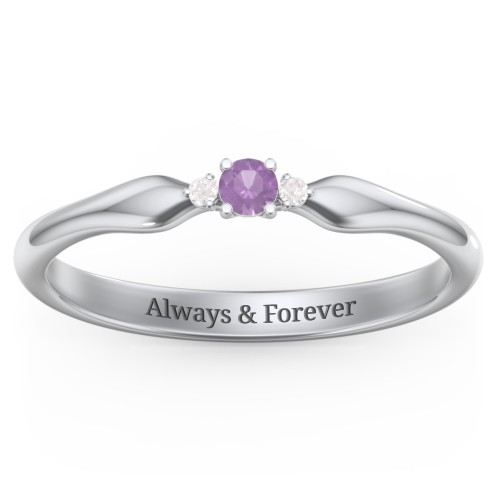 Dainty Trinity Stone Promise Ring – Sterling Silver with Amethyst and White Premium Zirconia