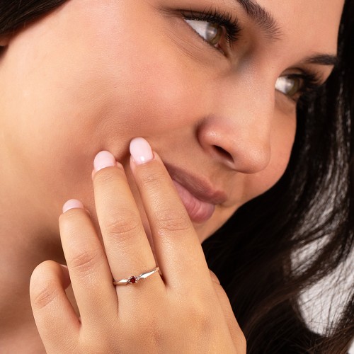 Dainty Trinity Stone Promise Ring – 10K White Gold with Ruby and White Premium Zirconia