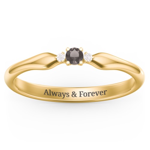 Dainty Trinity Stone Promise Ring – 10K Yellow Gold with Smokey Quartz and White Premium Zirconia