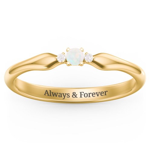 Dainty Trinity Stone Promise Ring – 10K Yellow Gold with Opal and White Premium Zirconia
