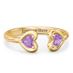 Heart In Heart Gemstone Open Cuff Ring in 18K Gold Plated Silver with Amethyst