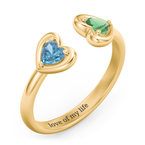 Heart In Heart Gemstone Open Cuff Ring – 18K Gold Plated Silver with Blue Topaz and Emerald