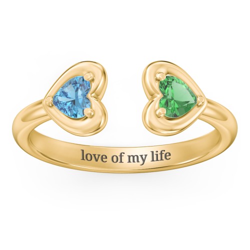 Heart In Heart Gemstone Open Cuff Ring – 18K Gold Plated Silver with Blue Topaz and Emerald