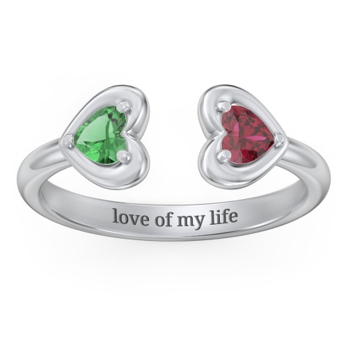 Heart In Heart Gemstone Open Cuff Ring – Sterling Silver with Emerald and Ruby
