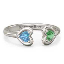 Heart In Heart Gemstone Open Cuff Ring in 10K Solid White Gold with Blue Topaz and Emerald