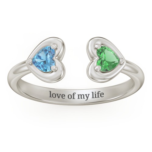 Heart In Heart Gemstone Open Cuff Ring – 10K White Gold with Blue Topaz and Emerald