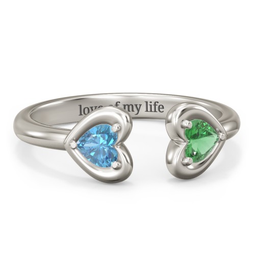 Heart In Heart Gemstone Open Cuff Ring – 10K White Gold with Blue Topaz and Emerald