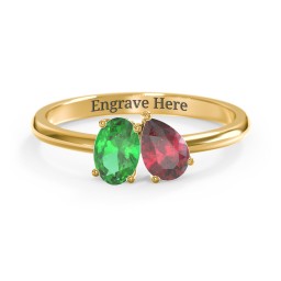 Toi et Moi Oval and Pear Gemstone Ring in 10K Solid Yellow Gold with Emerald and Ruby