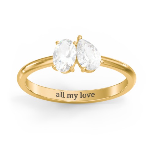 Toi et Moi Oval and Pear Gemstone Ring – 18K Gold Plated Silver with Diamond