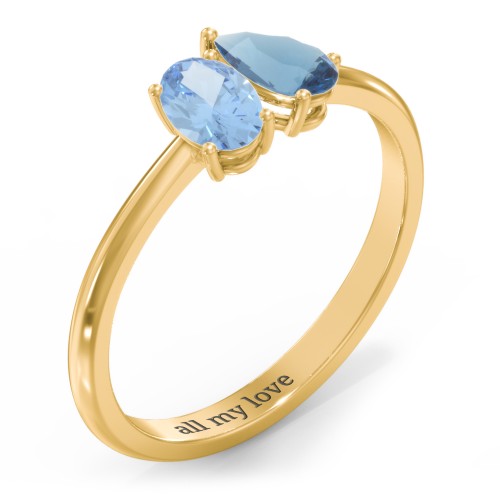 Toi et Moi Oval and Pear Gemstone Ring – 18K Gold Plated Silver with Blue Topaz