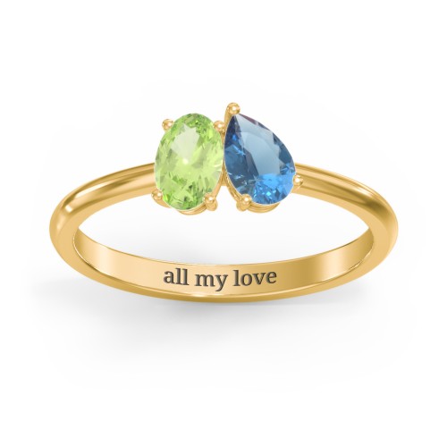 Toi et Moi Oval and Pear Gemstone Ring – 18K Gold Plated Silver with Peridot and Blue Topaz