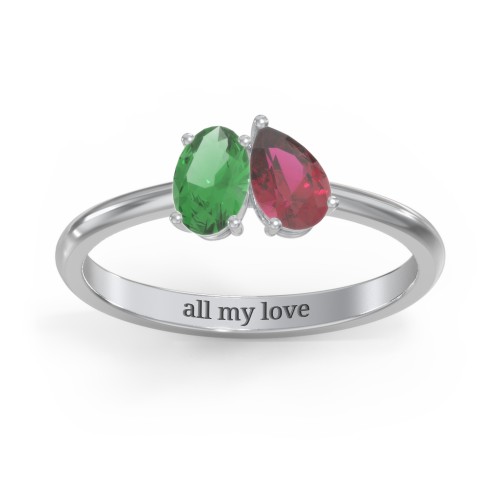 Toi et Moi Oval and Pear Gemstone Ring – Sterling Silver with Emerald and Ruby