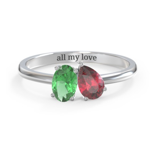 Toi et Moi Oval and Pear Gemstone Ring – Sterling Silver with Emerald and Ruby