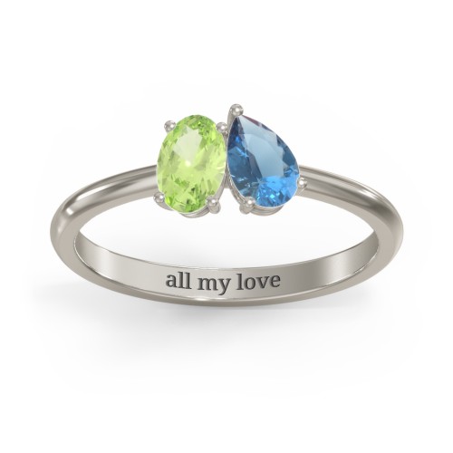 Toi et Moi Oval and Pear Gemstone Ring – 10K White Gold with Peridot and Blue Topaz