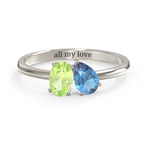 Toi et Moi Oval and Pear Gemstone Ring – 10K White Gold with Peridot and Blue Topaz