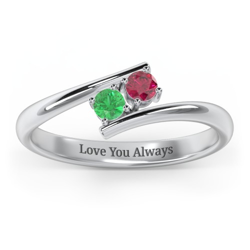 2 Birthstone Bypass Ring – Sterling Silver with Emerald and Ruby