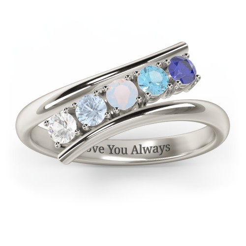5 Birthstone Bypass Ring – 10K White Gold with Cubic Zirconia, Aquamarine, Opal, Blue Topaz, and Blue Sapphire
