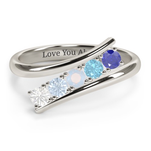 5 Birthstone Bypass Ring – 10K White Gold with Cubic Zirconia, Aquamarine, Opal, Blue Topaz, and Blue Sapphire