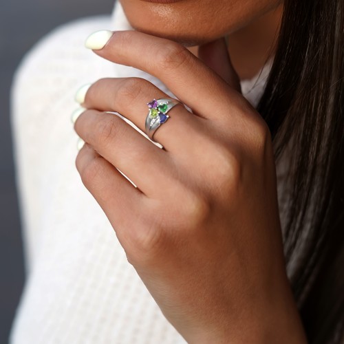 Multi-Heart Split-Band Ring – 10K White Gold with Amethyst, Blue Topaz, Citrine, Peridot, and Cubic Zirconia