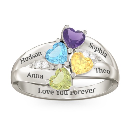 Multi-Heart Split-Band Ring – 10K White Gold with Amethyst, Blue Topaz, Citrine, Peridot, and Cubic Zirconia