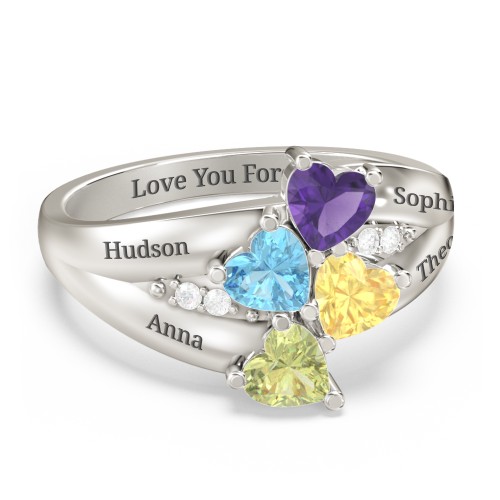 Multi-Heart Split-Band Ring – 10K White Gold with Amethyst, Blue Topaz, Citrine, Peridot, and Cubic Zirconia