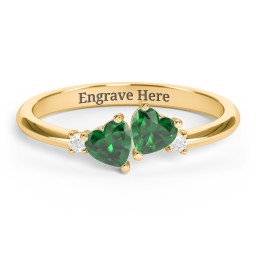 Pair of Hearts Gemstone Promise Ring with Accent Stones in 18K Gold Plated Silver with Emerald and White Premium Zirconia