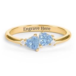 Pair of Hearts Gemstone Promise Ring with Accent Stones in 18K Gold Plated Silver with Blue Topaz and White Premium Zirconia