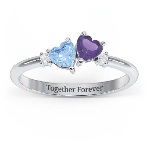Pair of Hearts Gemstone Promise Ring with Accent Stones – Sterling Silver with Blue Topaz, Amethyst, and White Premium Zirconia