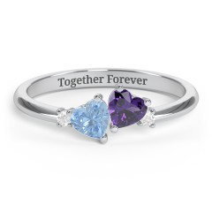 Pair of Hearts Gemstone Promise Ring with Accent Stones – 10K White Gold with Blue Topaz, Amethyst, and White Premium Zirconia