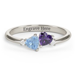 Pair of Hearts Gemstone Promise Ring with Accent Stones in 10K Solid White Gold with Blue Topaz, Amethyst, and White Premium Zirconia