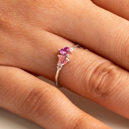 Pair of Hearts Gemstone Promise Ring with Accent Stones – 10K White Gold with Blue Topaz, Amethyst, and White Premium Zirconia