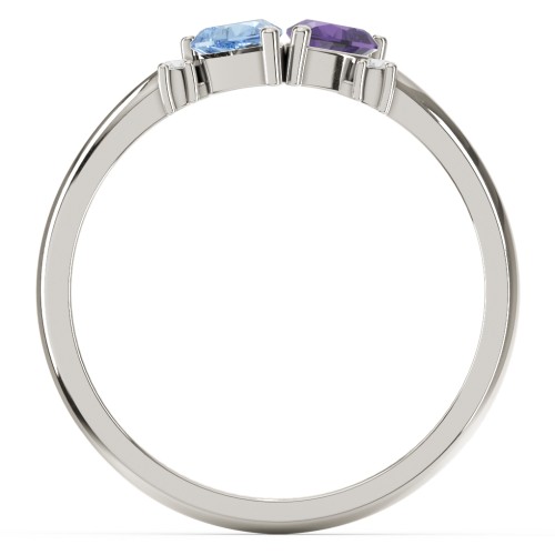 Pair of Hearts Gemstone Promise Ring with Accent Stones – 10K White Gold with Blue Topaz, Amethyst, and White Premium Zirconia