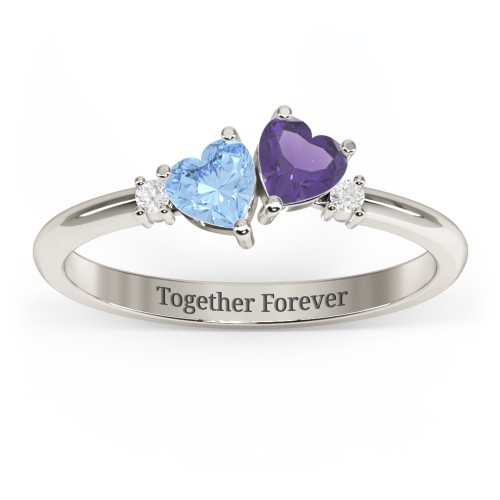 Pair of Hearts Gemstone Promise Ring with Accent Stones – 10K White Gold with Blue Topaz, Amethyst, and White Premium Zirconia