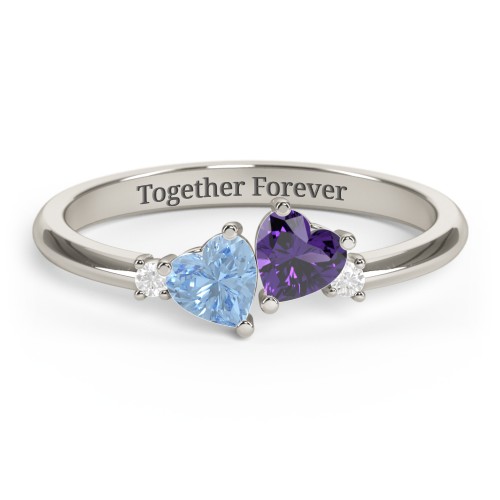 Pair of Hearts Gemstone Promise Ring with Accent Stones – 10K White Gold with Blue Topaz, Amethyst, and White Premium Zirconia