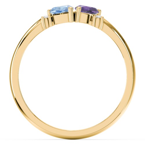 Pair of Hearts Gemstone Promise Ring with Accent Stones – 10K Yellow Gold with Blue Topaz, Amethyst, and White Premium Zirconia