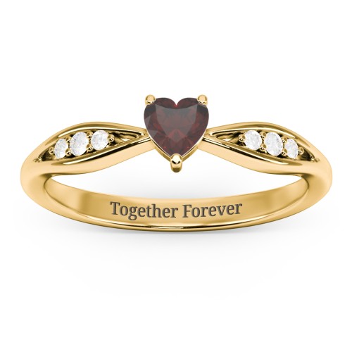 Heart Gemstone Promise Ring with Trio Set Accent Stones – 18K Gold Plated Silver with Garnet and White Premium Zirconia