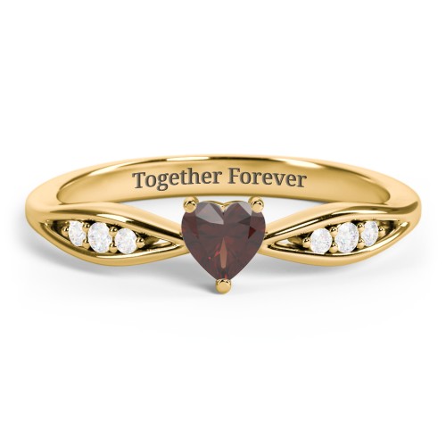 Heart Gemstone Promise Ring with Trio Set Accent Stones – 18K Gold Plated Silver with Garnet and White Premium Zirconia
