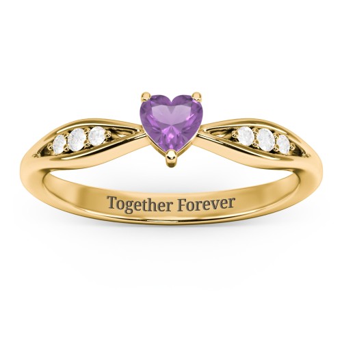 Heart Gemstone Promise Ring with Trio Set Accent Stones – 18K Gold Plated Silver with Amethyst and White Premium Zirconia