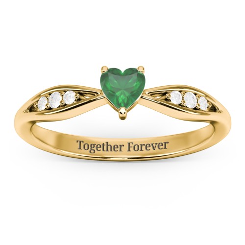 Heart Gemstone Promise Ring with Trio Set Accent Stones – 18K Gold Plated Silver with Emerald and White Premium Zirconia