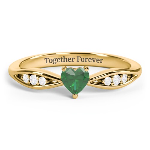 Heart Gemstone Promise Ring with Trio Set Accent Stones – 18K Gold Plated Silver with Emerald and White Premium Zirconia